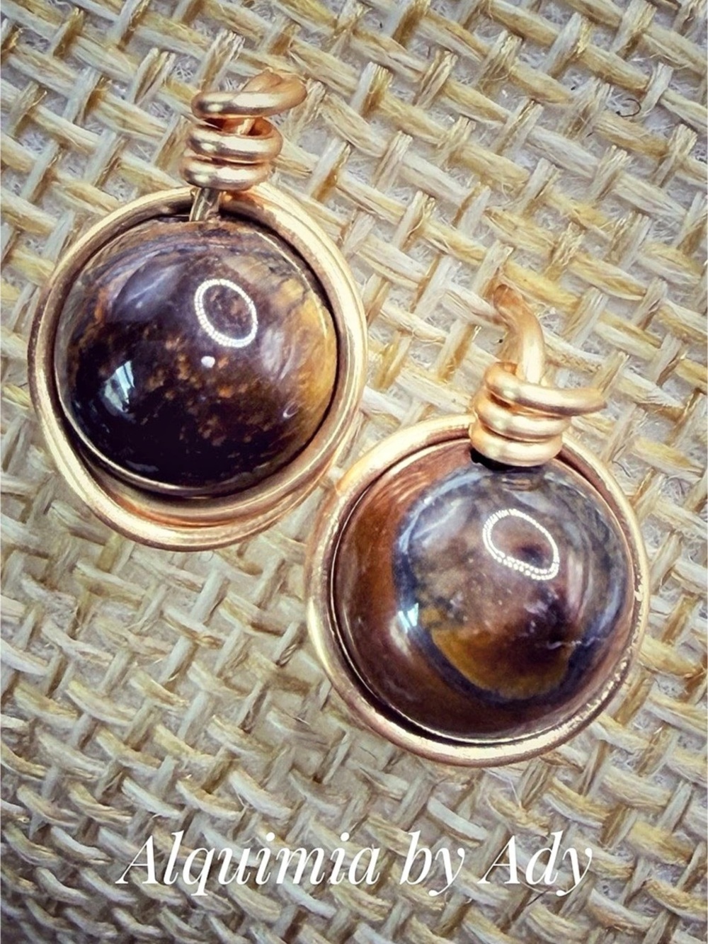 Alquimia Tiger Eye Copper Wire studs Earrings Brown Stone Dangle